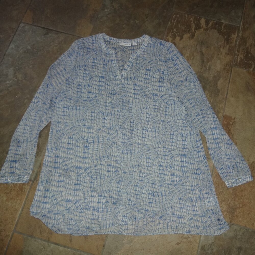 Susan Graver Tunic Top Women 10 Gray Blue Asymmetrical Tier sheer v neck long sl